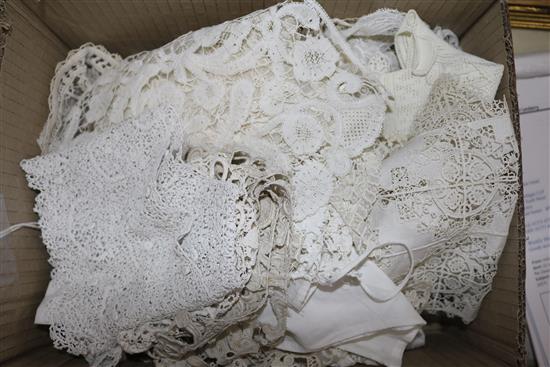 A collection of mostly bobbin laces including early 17th century Italian needle lace